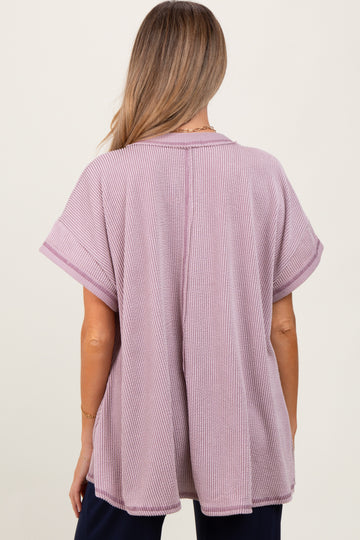 Mauve Striped Ribbed V-Neck Oversized Short Sleeve Maternity Top