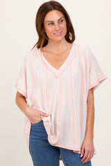 Peach Striped Ribbed V-Neck Oversized Short Sleeve Top