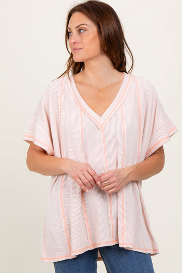 Peach Striped Ribbed V-Neck Oversized Short Sleeve Top
