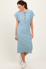 Blue Solid Ribbed Short Sleeve Button Down Knit Maternity Midi Dress