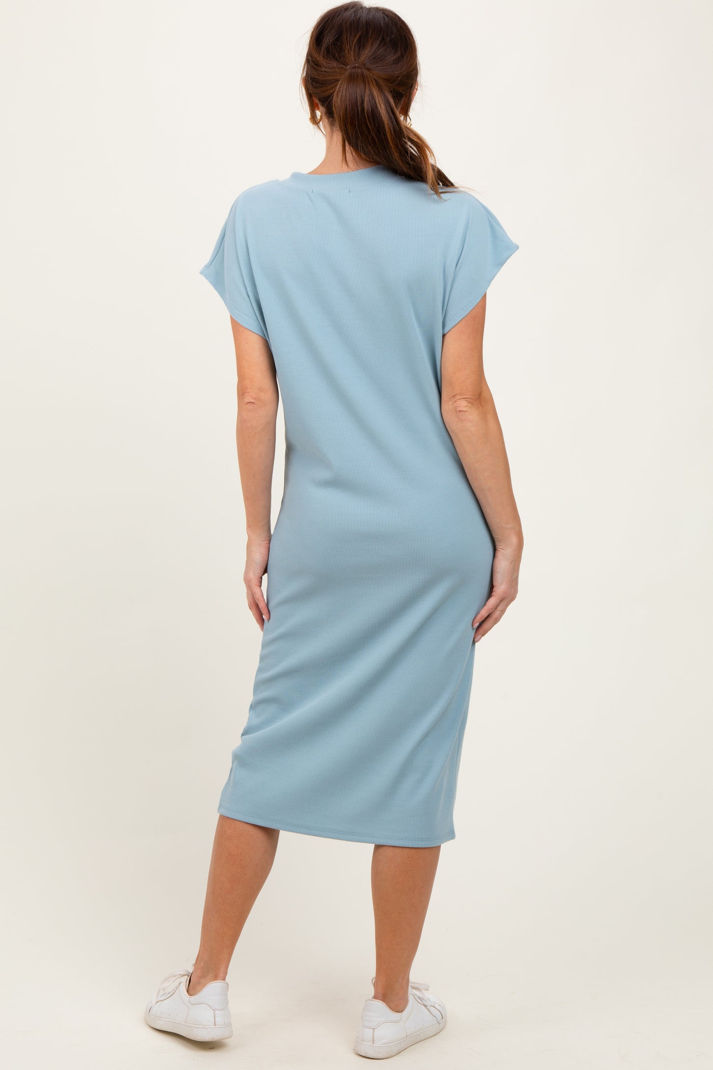 Blue Solid Ribbed Short Sleeve Button Down Knit Midi Dress