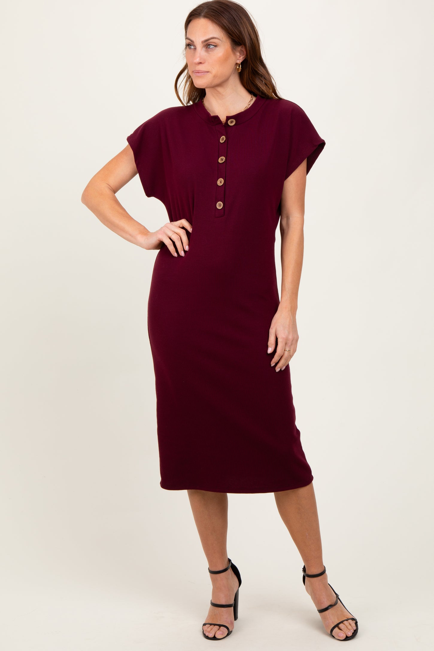 Burgundy Solid Ribbed Short Sleeve Button Down Knit Maternity Midi Dress