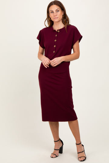 Burgundy Solid Ribbed Short Sleeve Button Down Knit Midi Dress