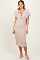 Beige Solid Ribbed Short Sleeve Button Down Knit Maternity Midi Dress