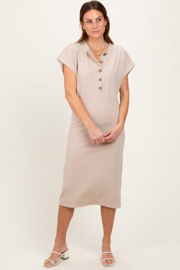 Beige Solid Ribbed Short Sleeve Button Down Knit Midi Dress