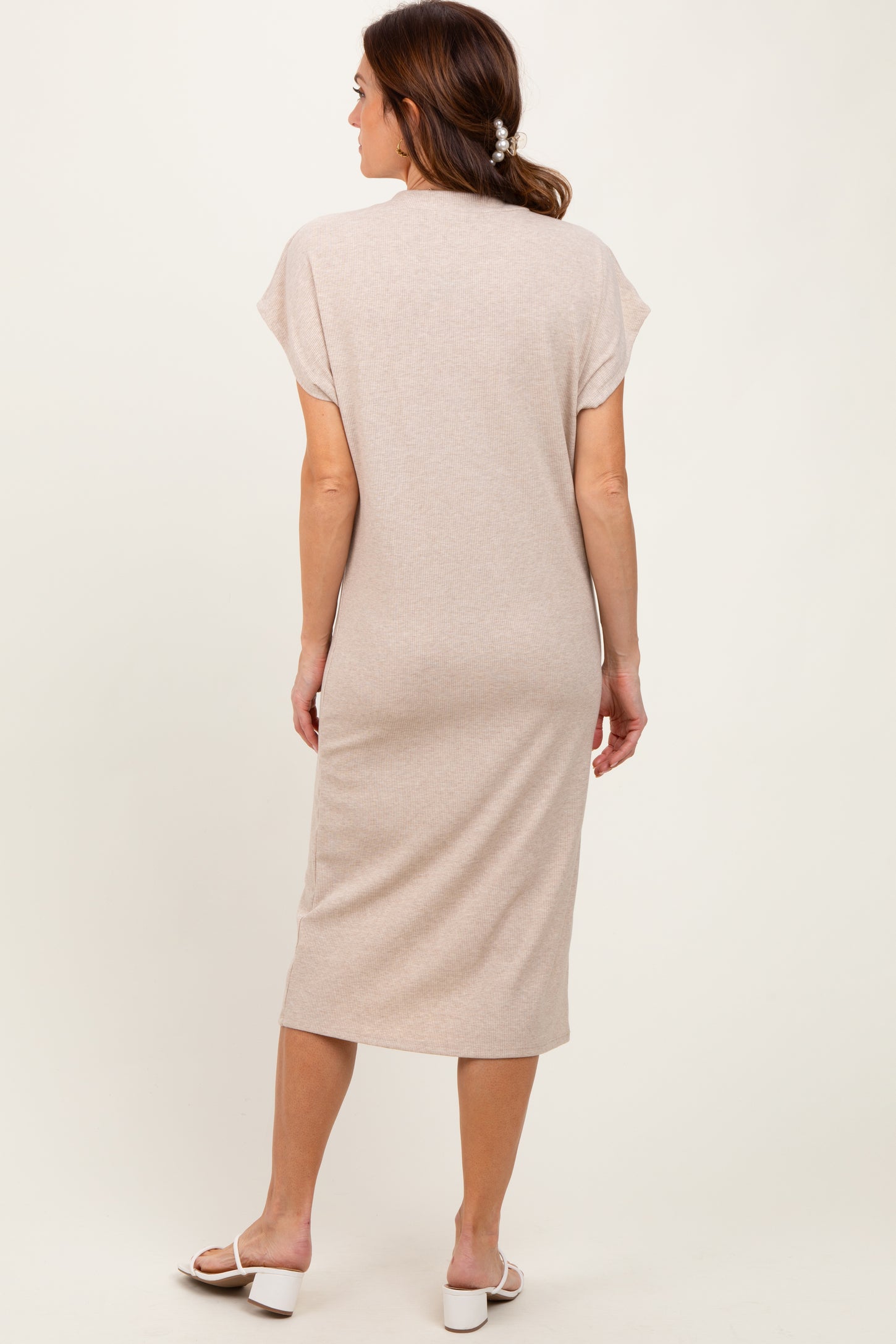 Beige Solid Ribbed Short Sleeve Button Down Knit Midi Dress