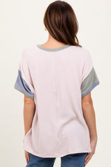 Peach Solid Ribbed Color Block Short Sleeve Tunic Top