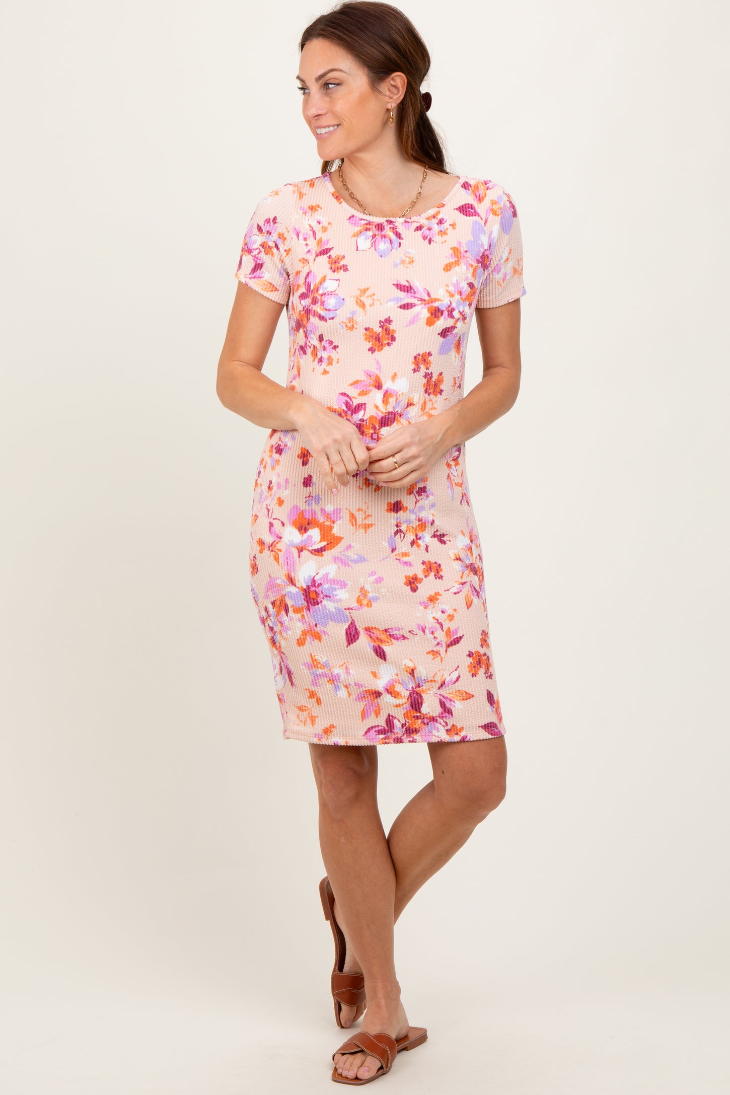 Peach Floral Short Sleeve Ruched Dress