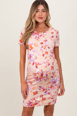 Peach Floral Short Sleeve Ruched Maternity Dress
