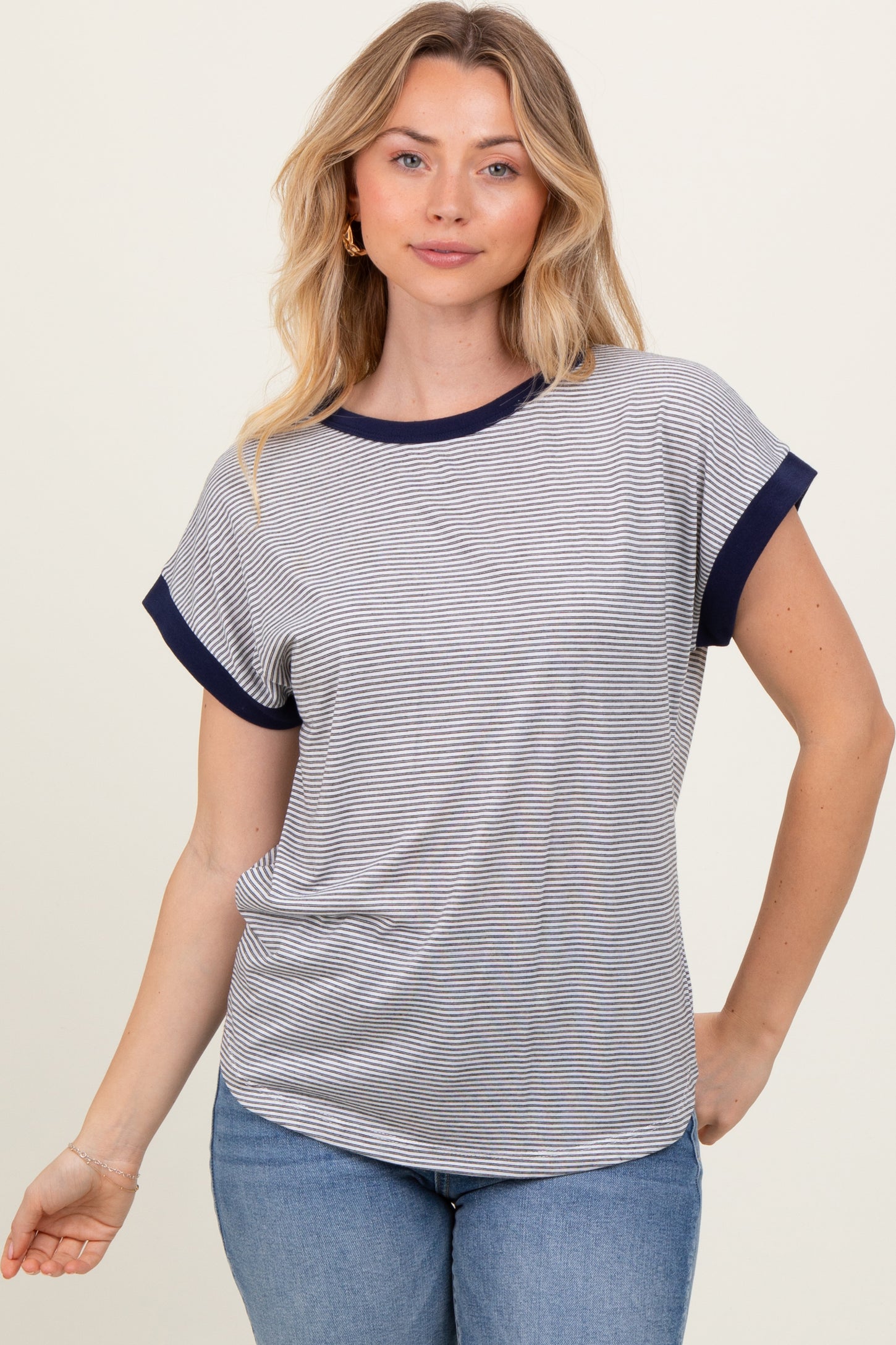 Black Pinstripe Contrast Trim Short Sleeve Maternity Tee