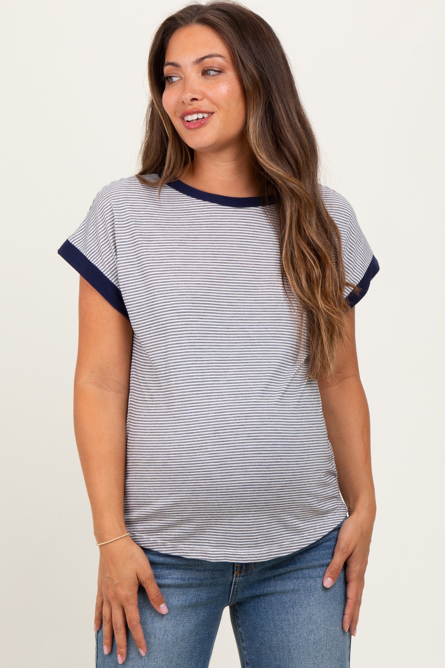 Black Pinstripe Contrast Trim Short Sleeve Maternity Tee