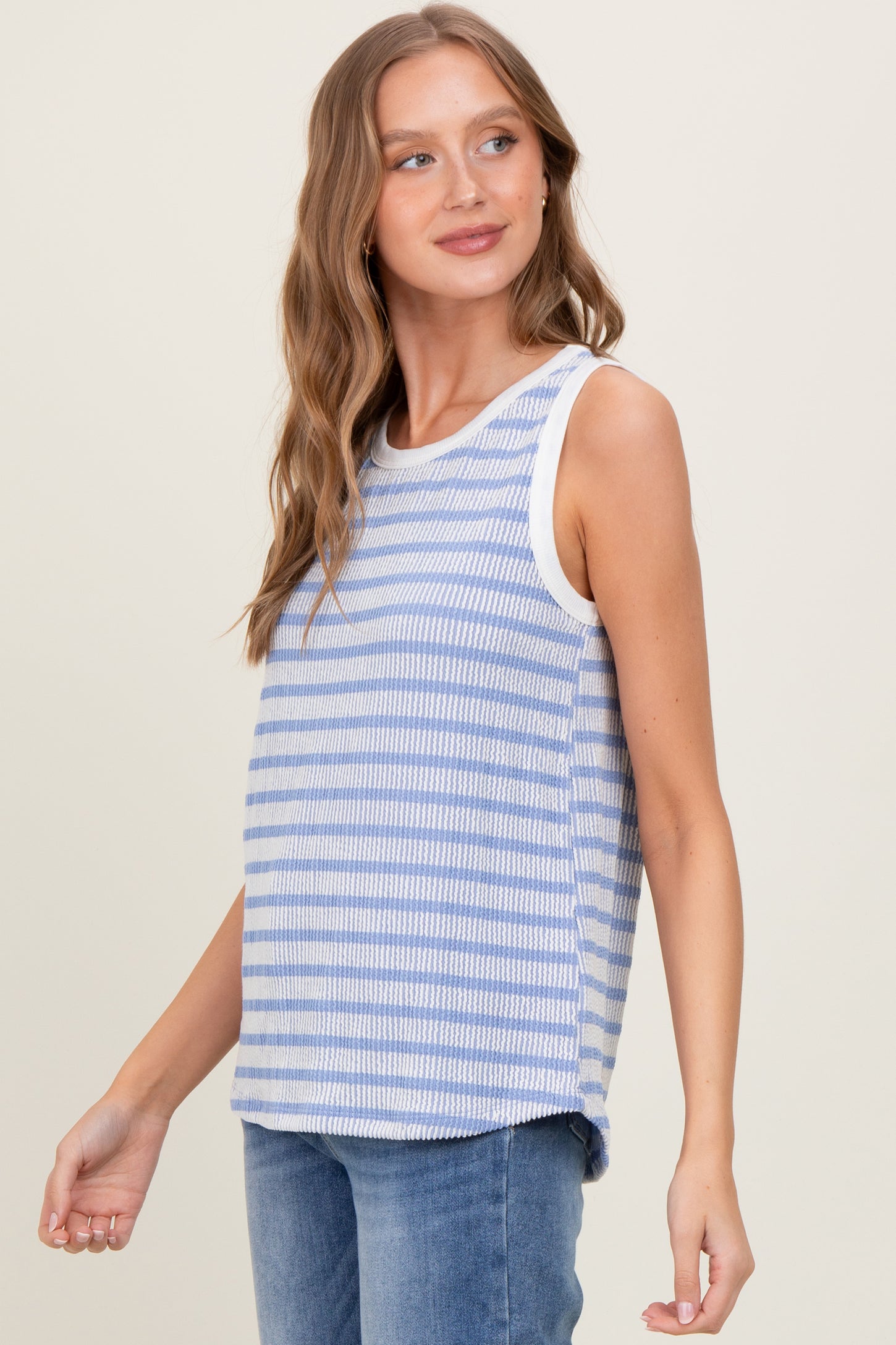 Blue Textured Striped Sleeveless Top