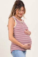 Mauve Textured Striped Sleeveless Maternity Top