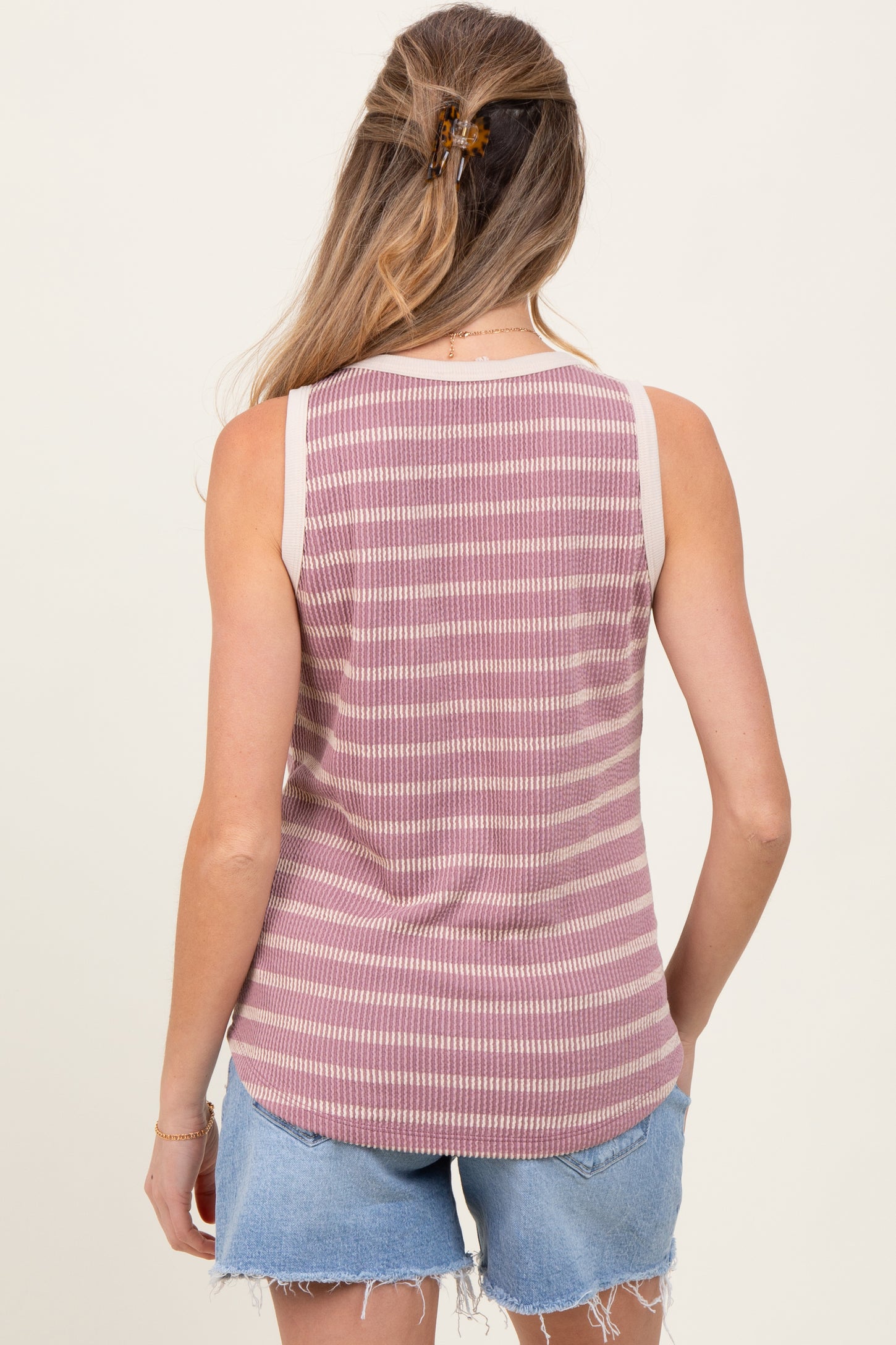 Mauve Textured Striped Sleeveless Maternity Top
