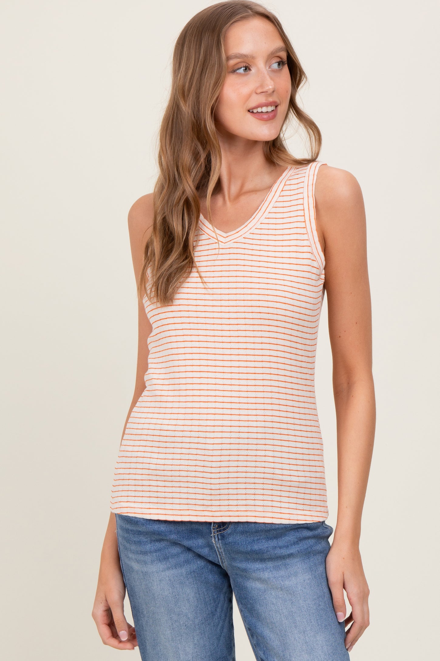 Orange Striped Knit V-Neck Tank Top