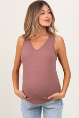 Mauve Pointelle Knit V-Neck Sleeveless Maternity Top