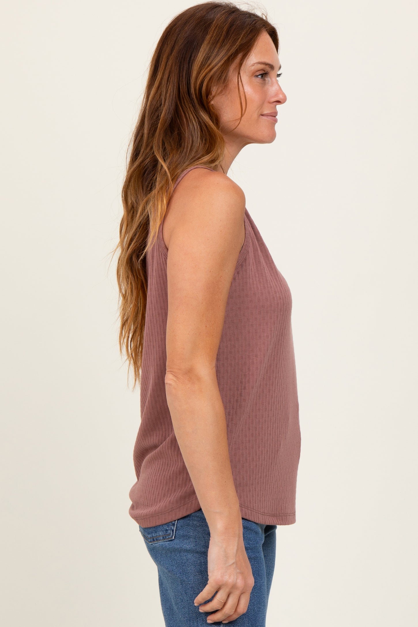 Mauve Pointelle Knit V-Neck Sleeveless Top