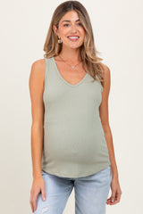 Light Olive Pointelle Knit V-Neck Sleeveless Maternity Top