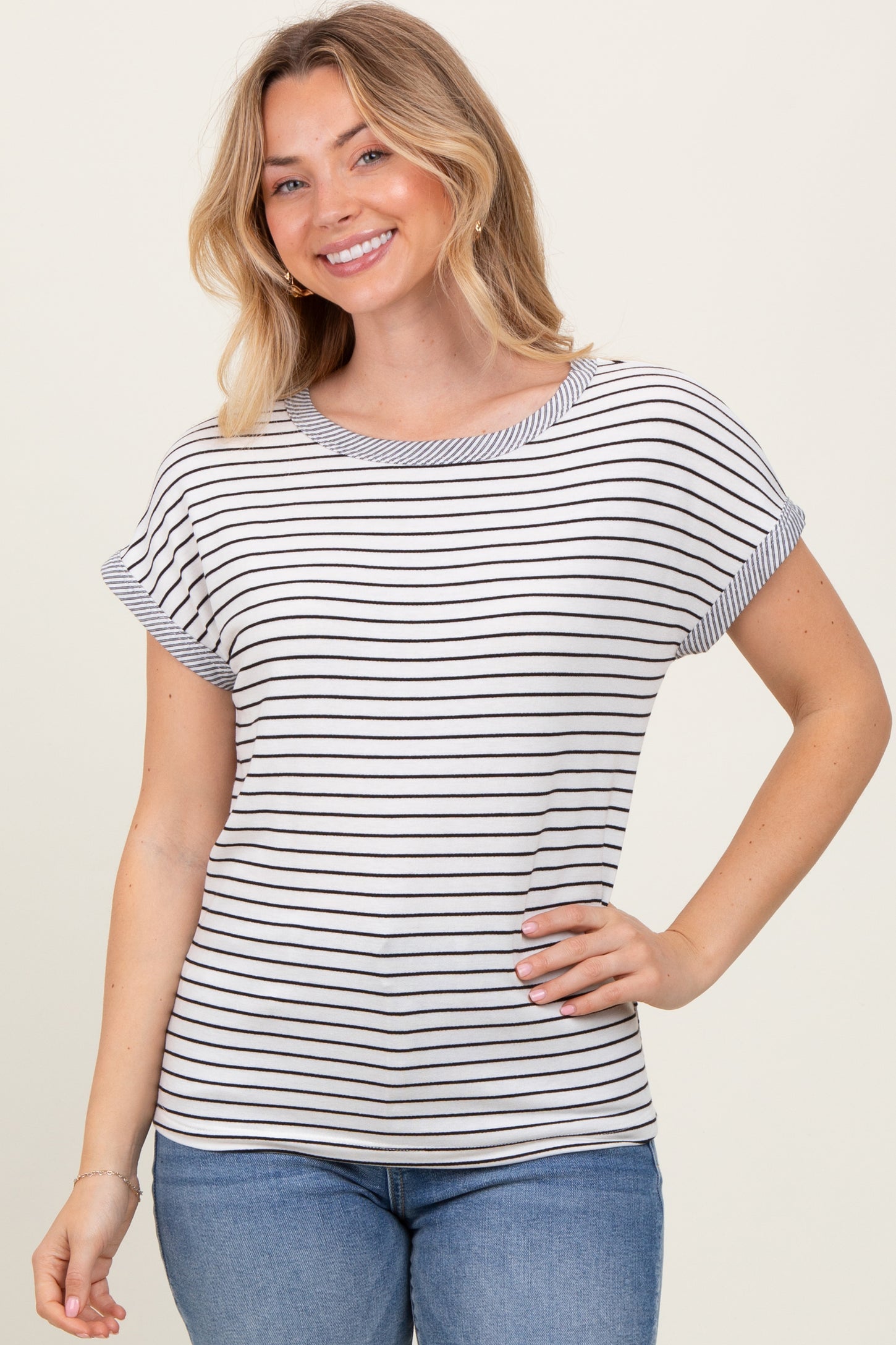 Black Pinstripe Soft Terry Short Sleeve Maternity Top