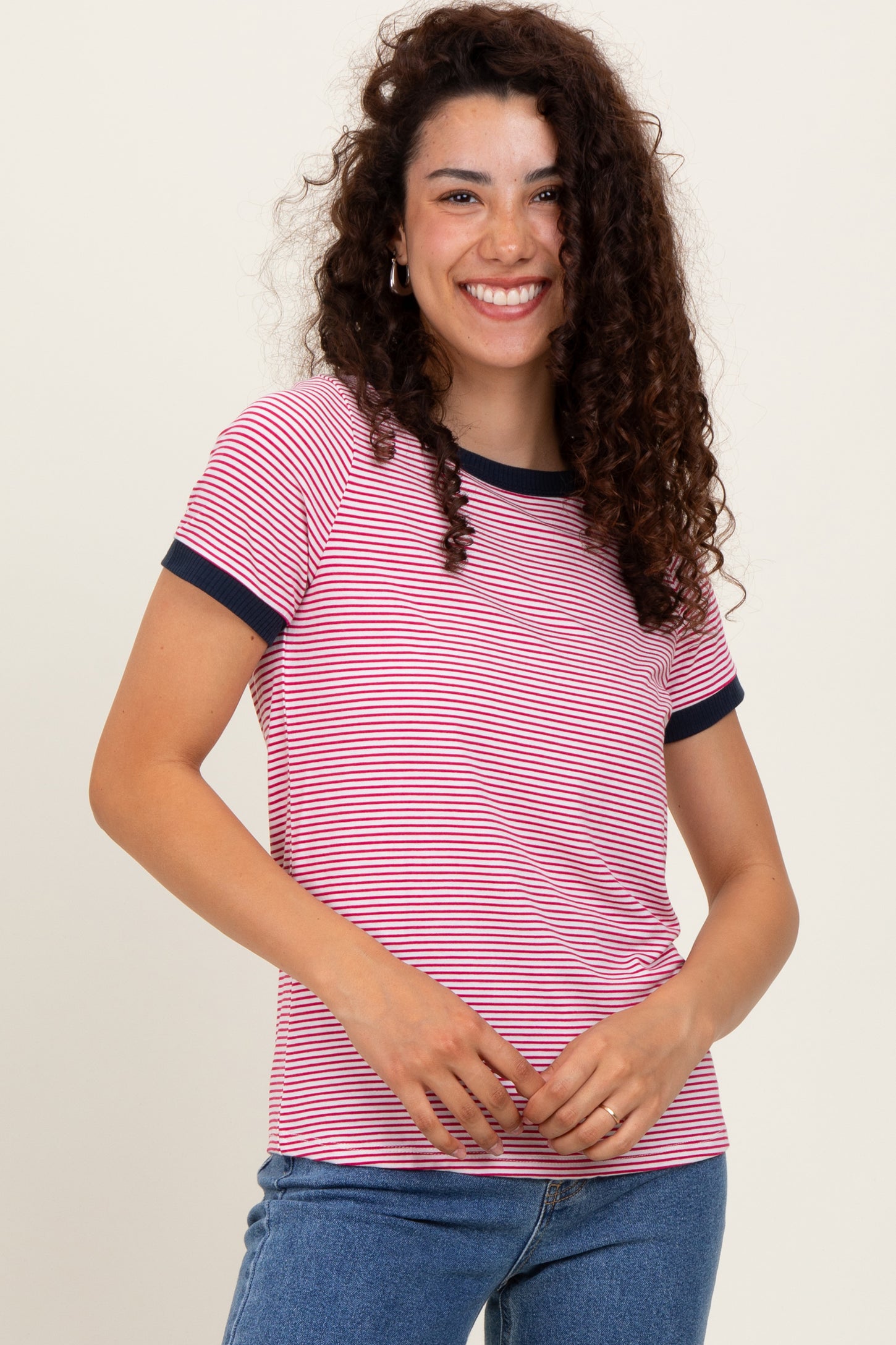 Navy Pinstripe Contrast Trim Maternity Tee