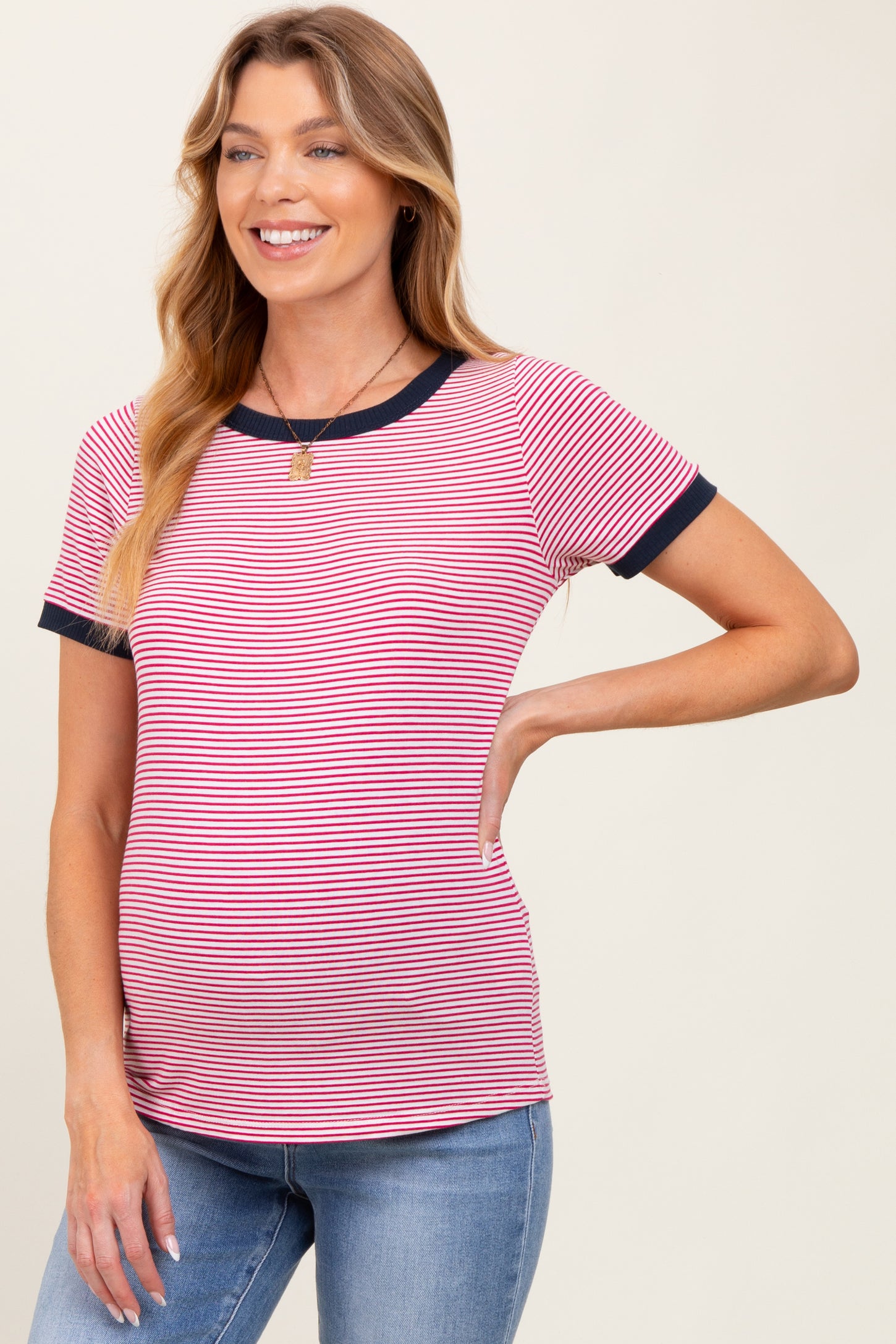 Navy Pinstripe Contrast Trim Maternity Tee