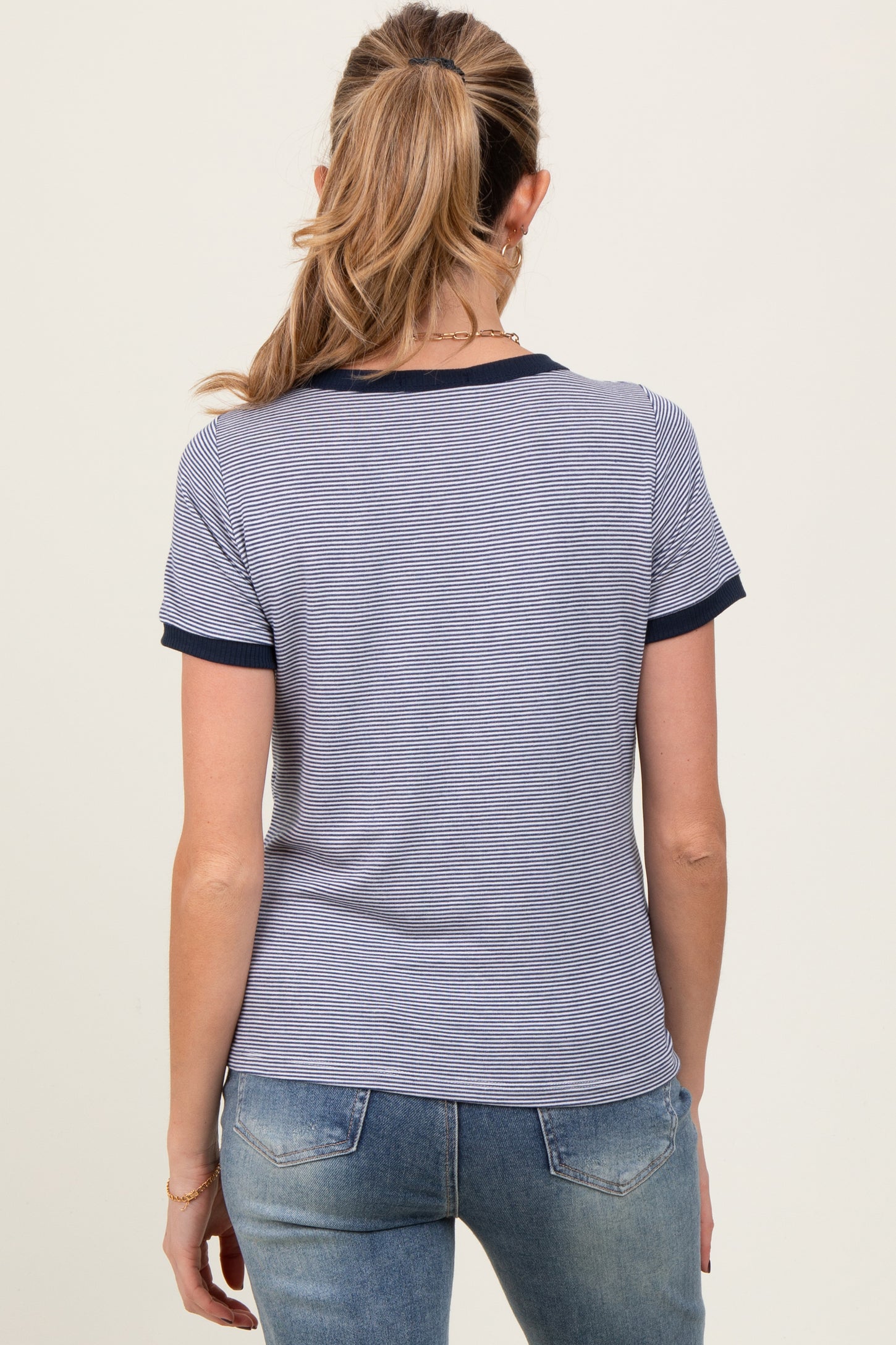 Navy Pinstripe Contrast Trim Maternity Tee