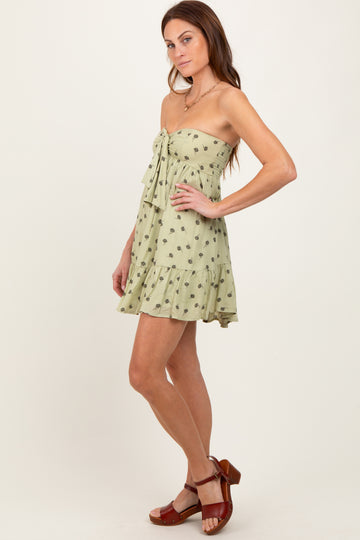 Mint Green Floral Strapless Front Tie Mini Dress