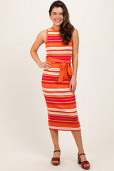 Fuchsia Multi Striped Ribbed Knit Fitted Midi Dress