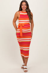 Fuchsia Multi Striped Ribbed Knit Fitted Maternity Midi Dress