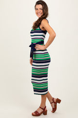 Navy Multi Striped Ribbed Knit Fitted Midi Dress