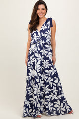 Navy Floral Deep V-Neck Shoulder Tie Maxi Dress