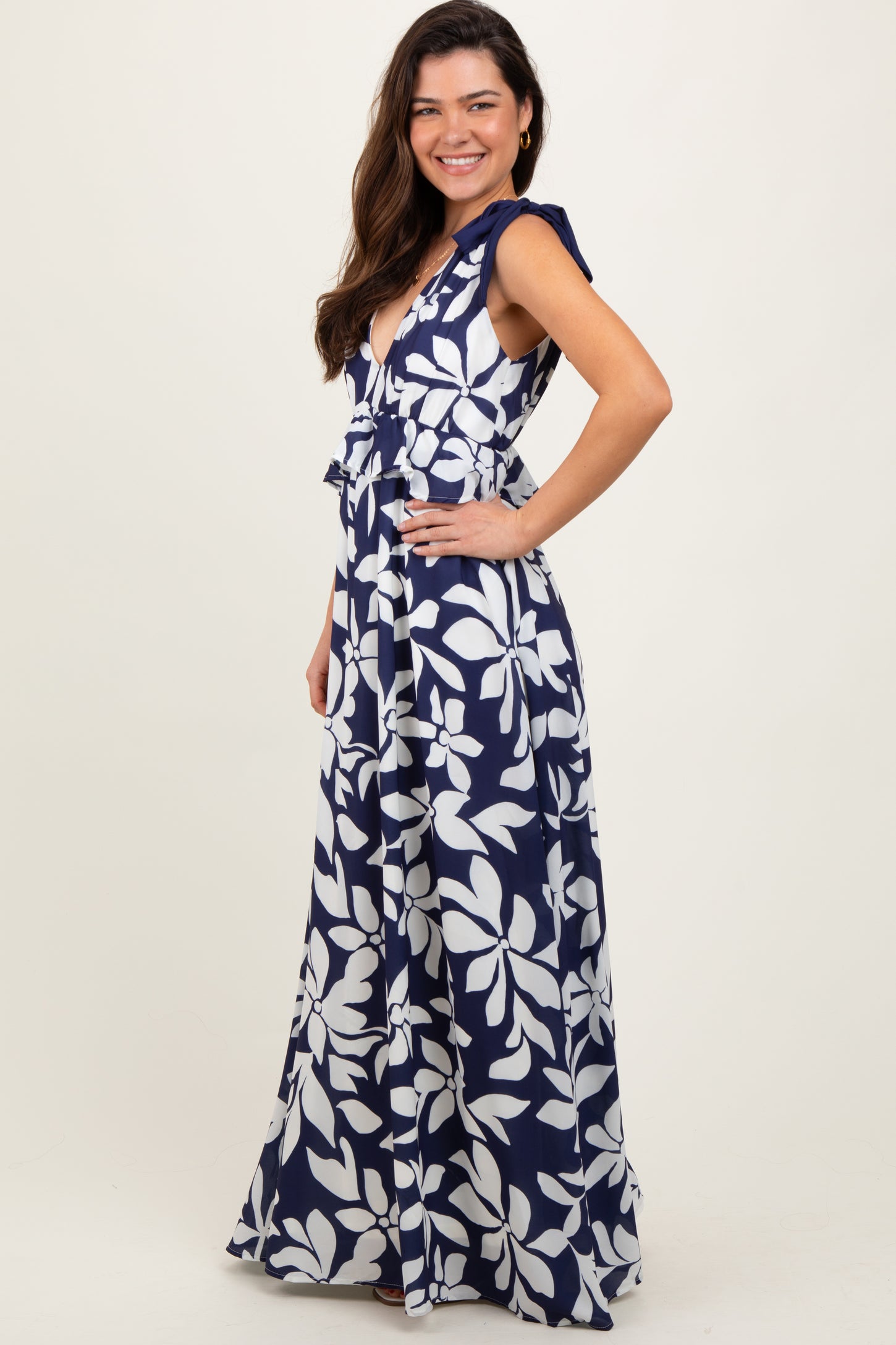 Navy Floral Deep V-Neck Shoulder Tie Maxi Dress