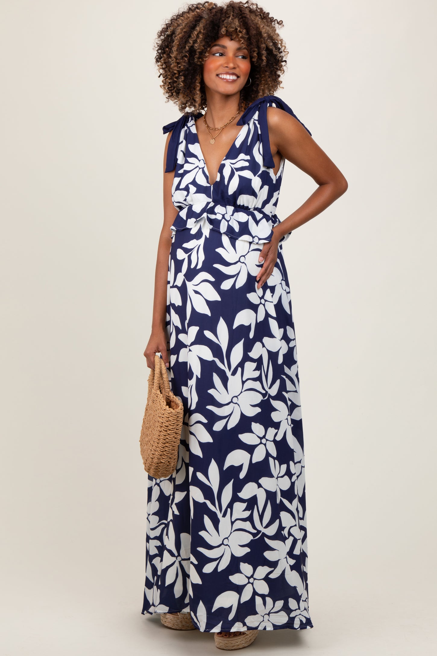 Navy Floral Deep V-Neck Shoulder Tie Maternity Maxi Dress