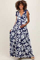 Navy Floral Deep V-Neck Shoulder Tie Maternity Maxi Dress