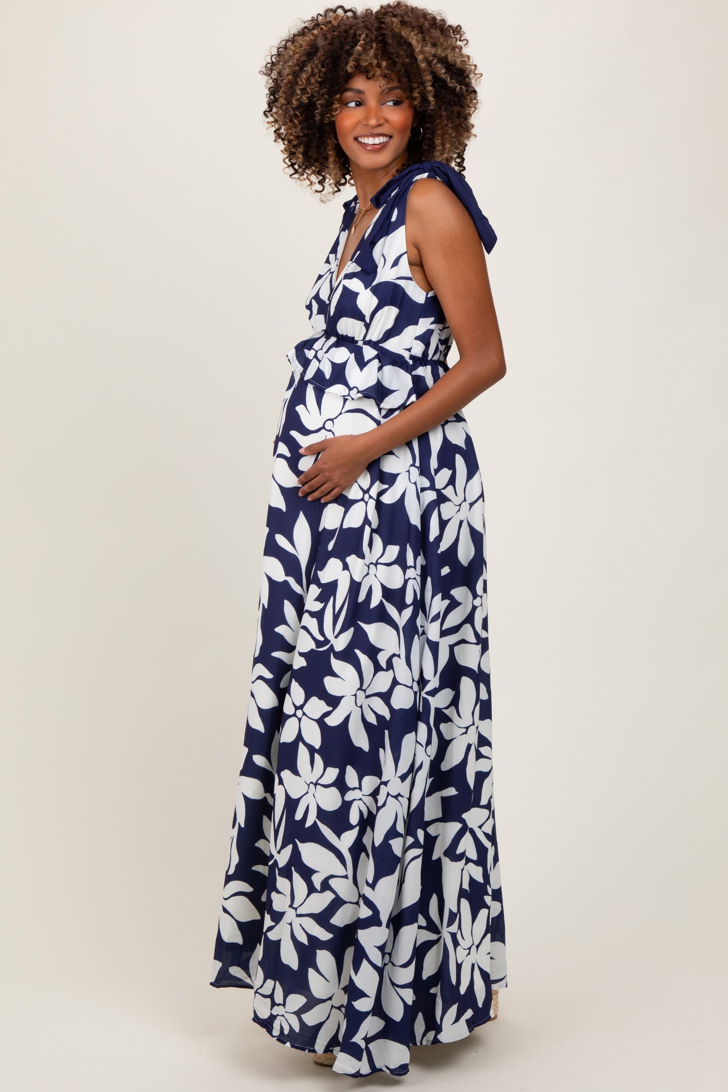Navy Floral Deep V-Neck Shoulder Tie Maternity Maxi Dress