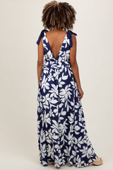 Navy Floral Deep V-Neck Shoulder Tie Maternity Maxi Dress