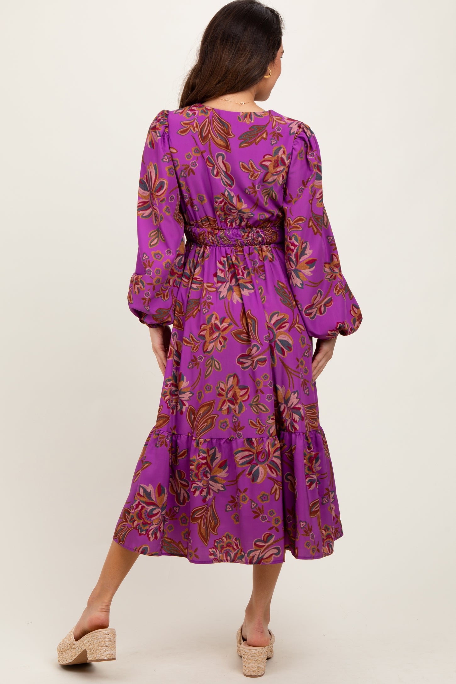 Plum Floral Smocked Waist Long Sleeve Midi Dress