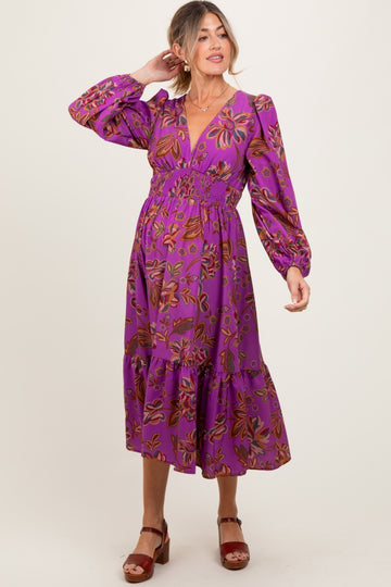 Plum Floral Smocked Waist Long Sleeve Maternity Midi Dress