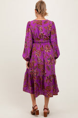 Plum Floral Smocked Waist Long Sleeve Maternity Midi Dress