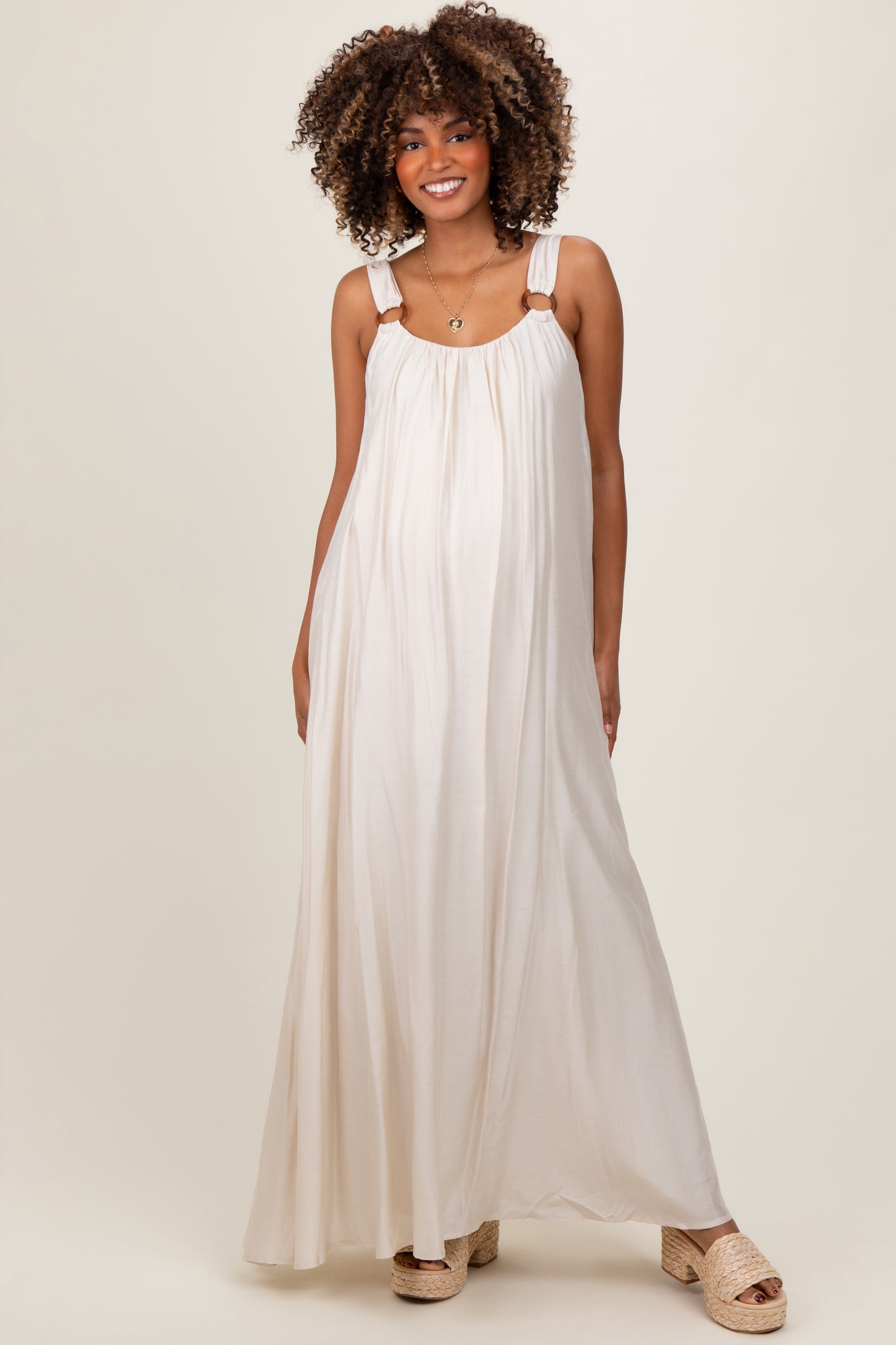 Cream O-Ring Strap Scoop Back Maternity Maxi Dress