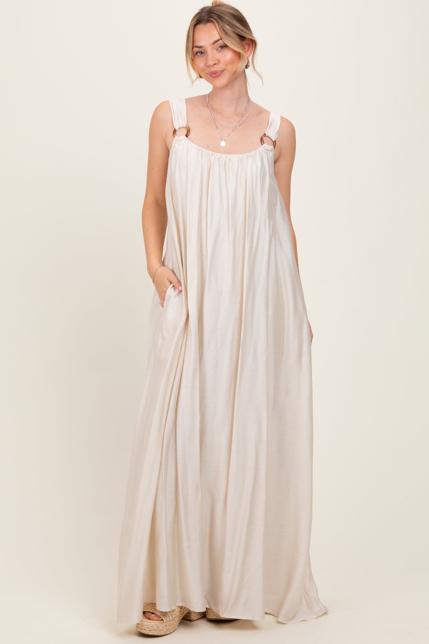 Cream O-Ring Strap Scoop Back Maxi Dress