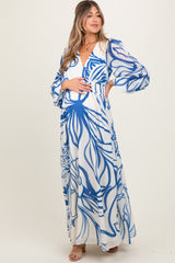 Blue Floral Smocked Waist Long Sleeve Maternity Maxi Dress