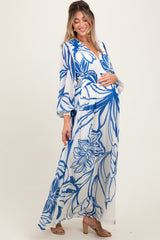 Blue Floral Smocked Waist Long Sleeve Maternity Maxi Dress