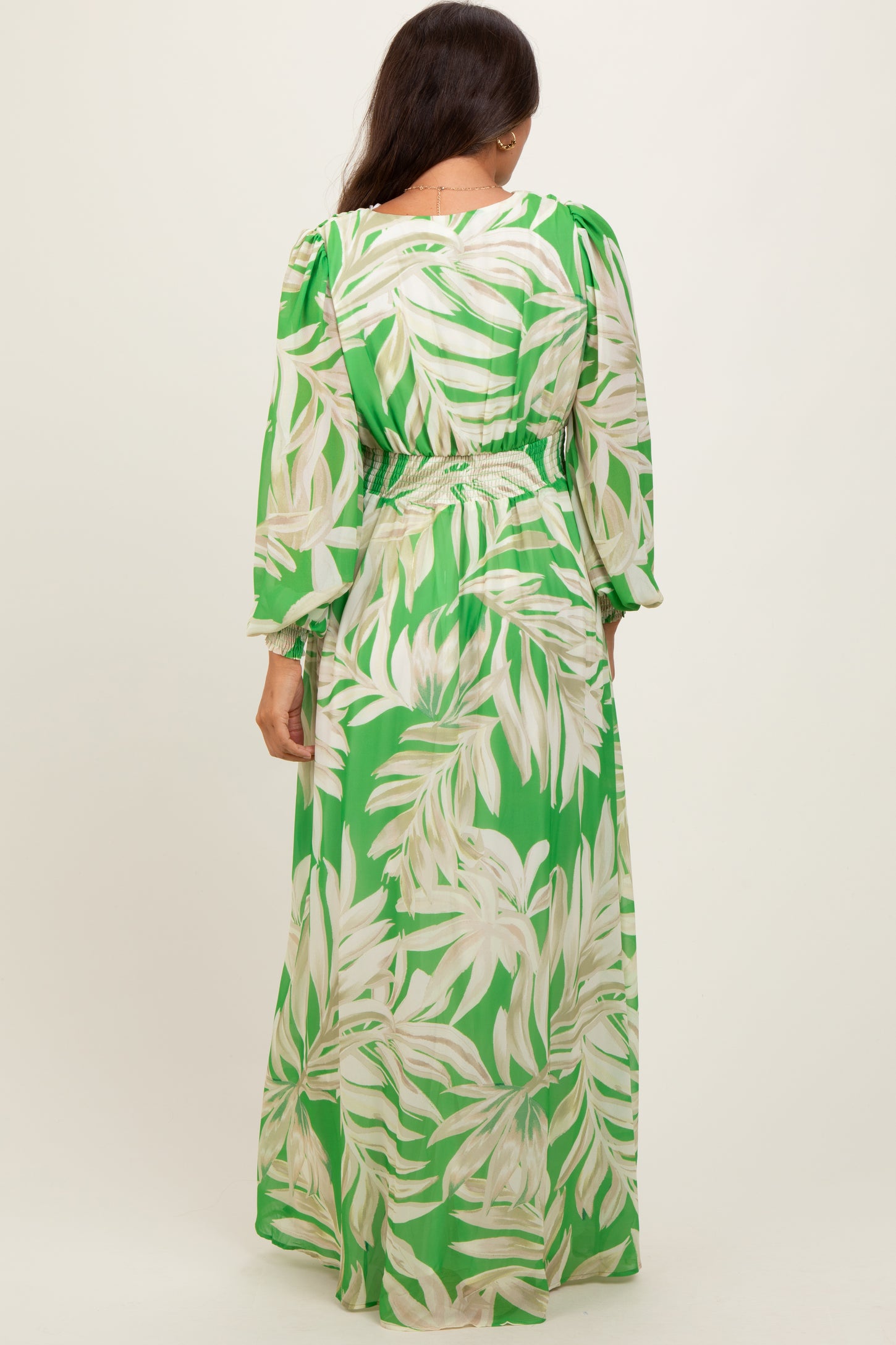 Lime Leaf Print Smocked Waist Long Sleeve Maternity Maxi Dress