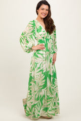 Lime Leaf Print Smocked Waist Long Sleeve Maxi Dress