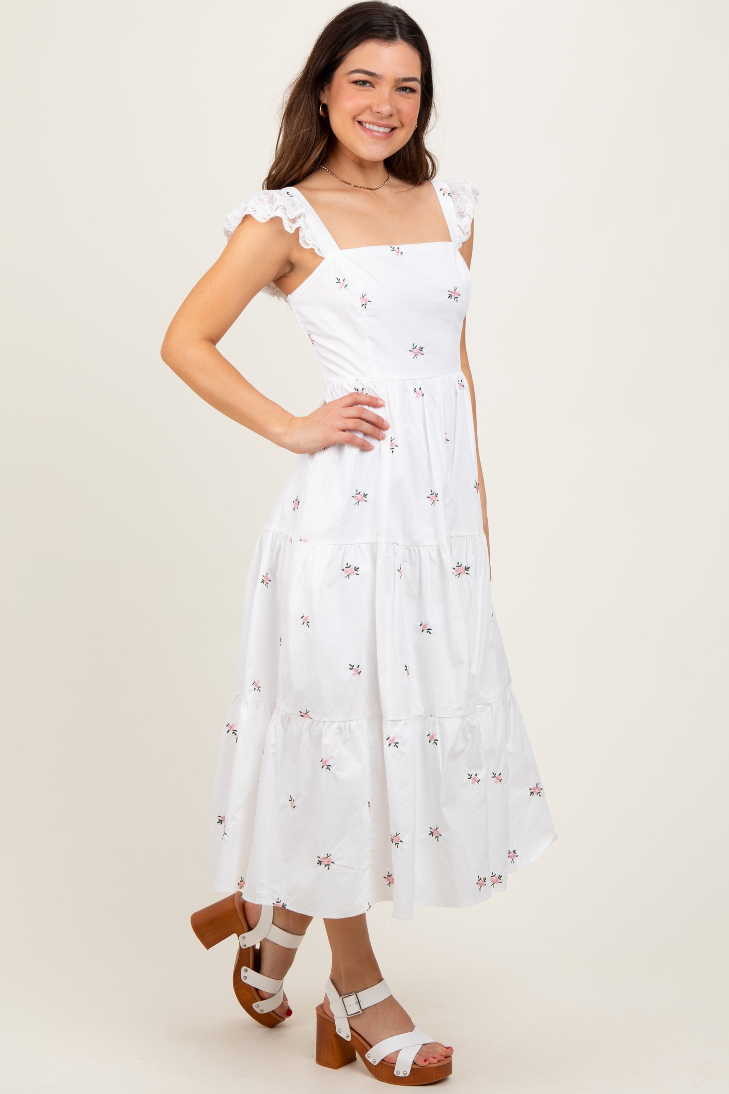 White Floral Embroidered Tiered Midi Dress