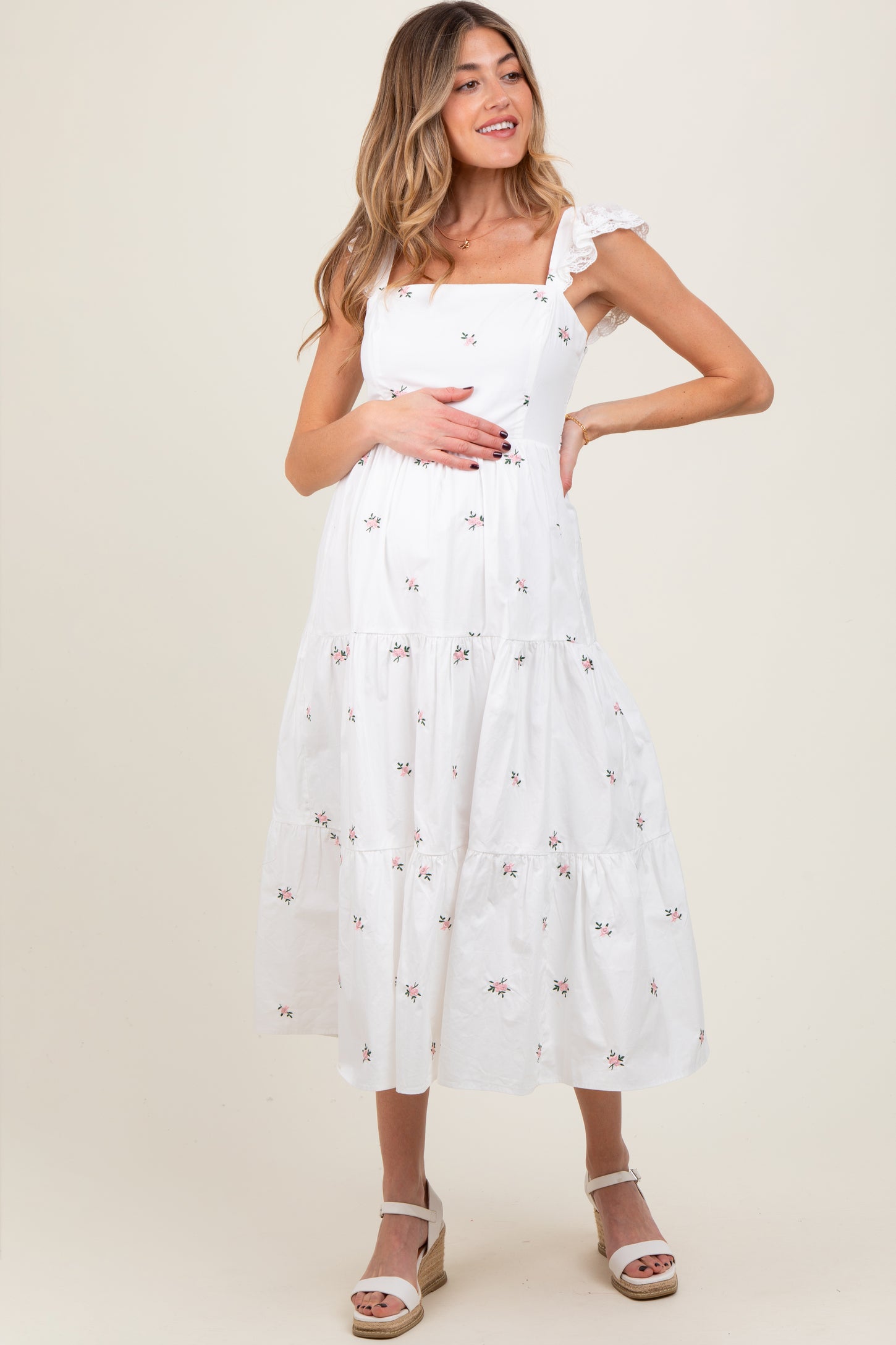 White Floral Embroidered Tiered Maternity Midi Dress