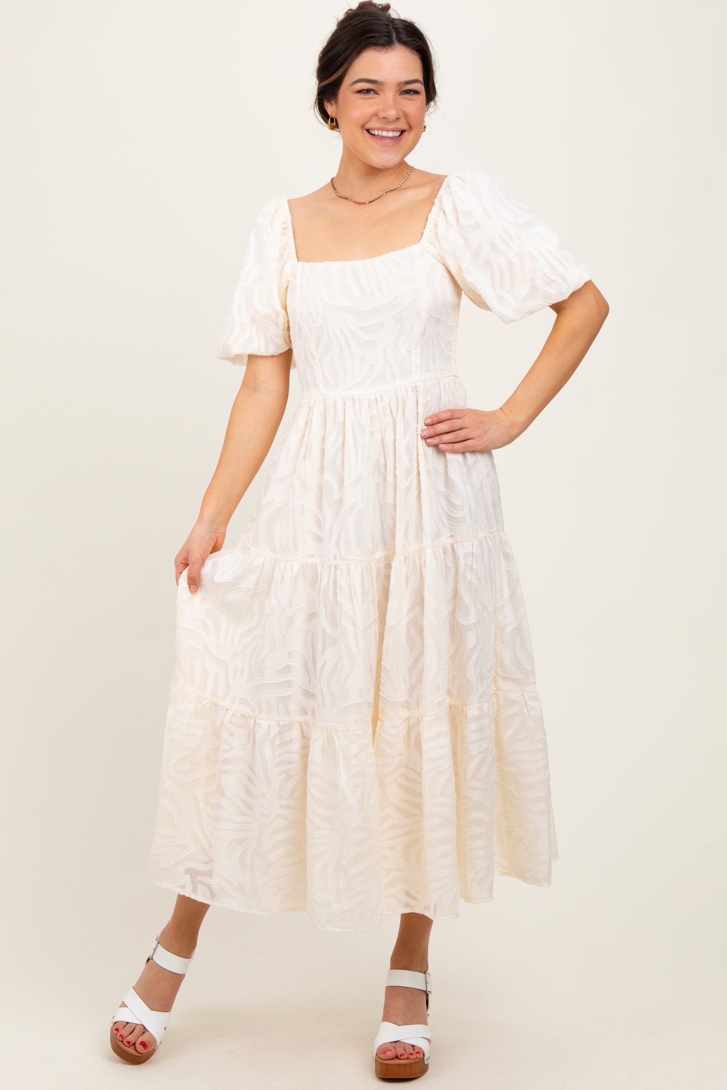 Cream Jacquard Puff Sleeve Tiered Midi Dress