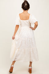 Cream Jacquard Puff Sleeve Tiered Midi Dress