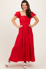 Red Layered Flutter Sleeve Tiered Maxi Dress